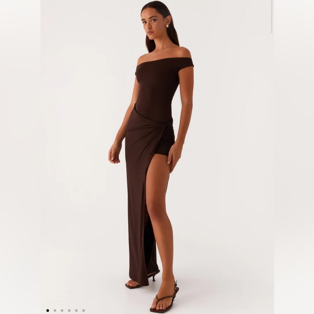Peppermayo Amerie Off-Shoulder Chocolate Brown Maxi Dress with Side Slit